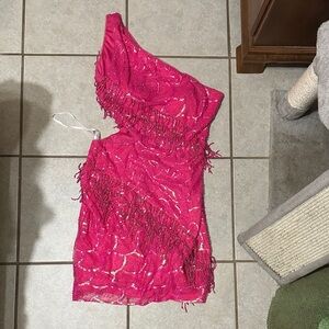 Hot Pink One-Shoulder Sequin Fringe Mini Dress